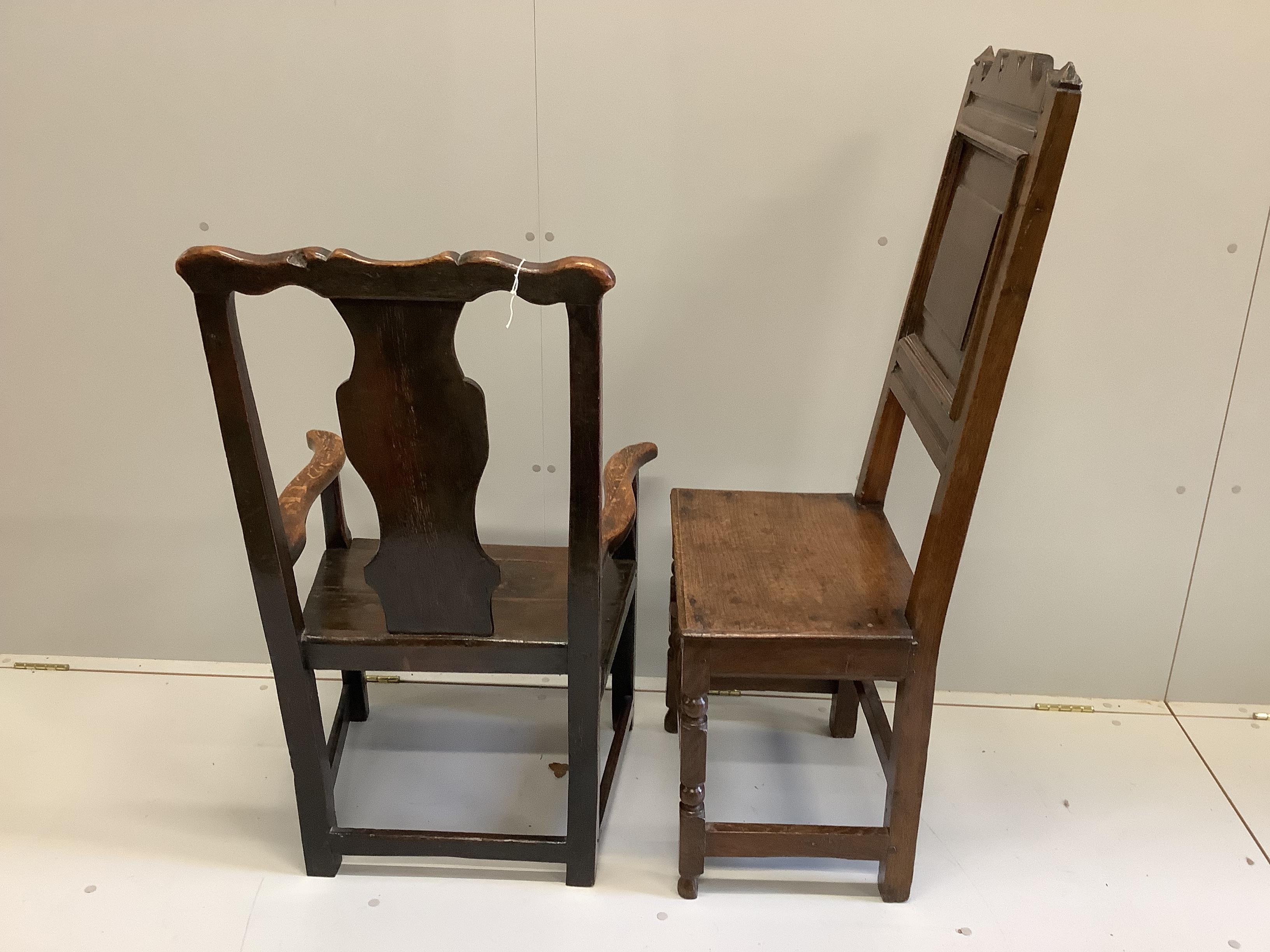 An early 18th century Provincial oak elbow chair, width 61cm, depth 50cm, height 100cm, together with a panelled high back dining chair